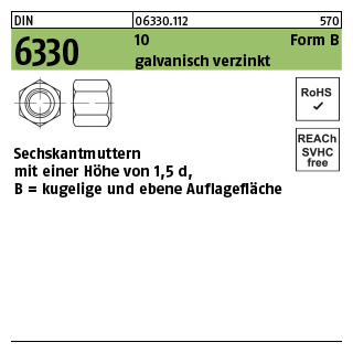 50 Stück, DIN 6330 10 Form B galvanisch verzinkt Sechskantmuttern m. einer Höhe von 1,5d mit kugeliger und ebener Auflagefläche - Abmessung: BM 10 SW 16