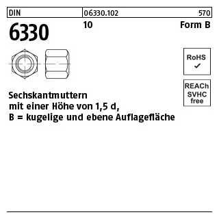 25 Stück, DIN 6330 10 Form B Sechskantmuttern m. einer Höhe von 1,5d mit kugeliger und ebener Auflagefläche - Abmessung: BM 14 SW 22