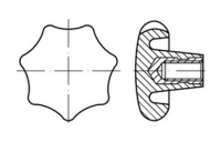 10 Stück, DIN 6336 Kunststoff Form K-Ms schwarz Sterngriffe, mit Gewindebuchse - Abmessung: K 32 M 6