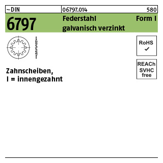 2000 Stück, ~DIN 6797 Federstahl Form I galvanisch verzinkt Zahnscheiben, innengezahnt - Abmessung: I 6,4