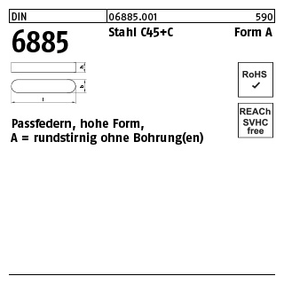 100 Stück, DIN 6885 Stahl C45+C Form A Passfedern, hohe Form, rundstirnig ohne Bohrung(en) - Abmessung: A 4 x 4 x 16