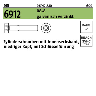 500 Stück, DIN 6912 08.8 galvanisch verzinkt Zylinderschrauben mit Innensechskant, niedriger Kopf, mit Schlüsselführung - Abmessung: M 4 x 6