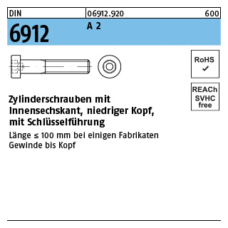 200 Stück, DIN 6912 A 2 Zylinderschrauben mit Innensechskant, niedriger Kopf, mit Schlüsselführung - Abmessung: M 4 x 10