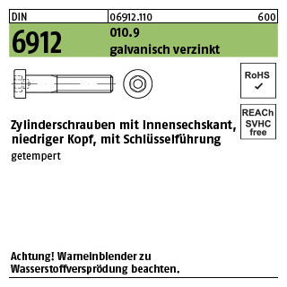 500 Stück, DIN 6912 010.9 galvanisch verzinkt Zylinderschrauben mit Innensechskant, niedriger Kopf, mit Schlüsselführung - Abmessung: M 6 x 12