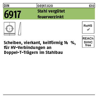 1 Stück, DIN 6917 Stahl vergütet feuerverzinkt Scheiben, vierkant, keilförmig 14%, für HV-verbindung an Doppel-T-Trägern - Abmessung: 13