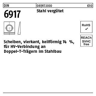 1 Stück, DIN 6917 Stahl vergütet Scheiben, vierkant, keilförmig 14%, für HV-verbindung an Doppel-T-Trägern - Abmessung: 21