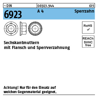 500 Stück, ~DIN 6923 A 4 Sperrzahn Sechskantmuttern mit Flansch und Sperrverzahnung - Abmessung: M 6