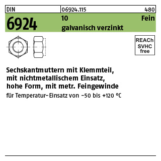 50 Stück, DIN 6924 10 Fein galvanisch verzinkt Sechskantmuttern mit Klemmteil, nichtmet. Einsatz, hohe Form, Feingew. - Abmessung: M 16 x 1,5