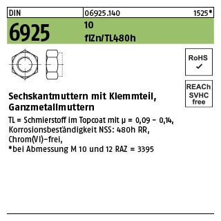 500 Stück, DIN 6925 10 flZn/TL 480h (zinklamellenbesch.) Sechskantmuttern mit Klemmteil, Ganzmetallmuttern - Abmessung: M 8