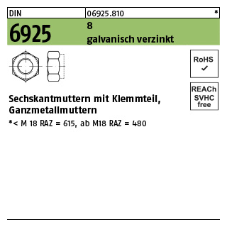 100 Stück, DIN 6925 8 galvanisch verzinkt Sechskantmuttern mit Klemmteil, Ganzmetallmuttern - Abmessung: M 8