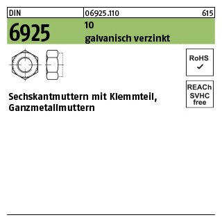 100 Stück, DIN 6925 10 galvanisch verzinkt Sechskantmuttern mit Klemmteil, Ganzmetallmuttern - Abmessung: M 10