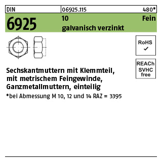 100 Stück, DIN 6925 10 Fein galvanisch verzinkt Sechskantmuttern mit Klemmteil, mit metrischem Feingewinde, Ganzmetall - Abmessung: M 10 x 1