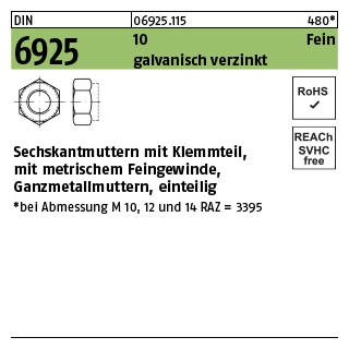 100 Stück, DIN 6925 10 Fein galvanisch verzinkt Sechskantmuttern mit Klemmteil, mit metrischem Feingewinde, Ganzmetall - Abmessung: M 14 x 1,5