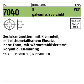 1000 Stück, ISO 7040 8 WS galvanisch verzinkt Sechskantmuttern mit Klemmteil, hohe Form, nichtmet. Einsatz, wärmestab. - Abmessung: M 8