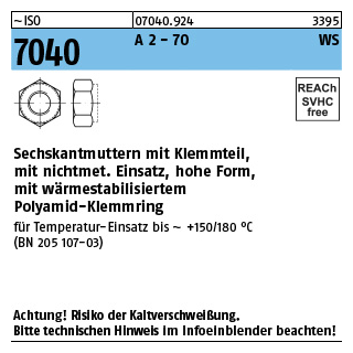 500 Stück, ISO 7040 A 2 - 70 WS Sechskantmuttern mit Klemmteil, hohe Form, nichtmet. Einsatz, wärmestab. - Abmessung: M 8