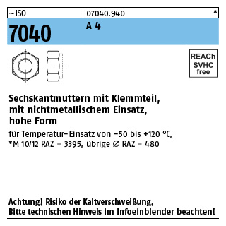 100 Stück, ISO 7040 A 4 Sechskantmuttern mit Klemmteil, mit nichtmetallischem Einsatz, hohe Form - Abmessung: M 8