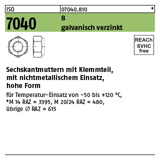 100 Stück, ISO 7040 8 galvanisch verzinkt Sechskantmuttern mit Klemmteil, mit nichtmetallischem Einsatz, hohe Form - Abmessung: M 12