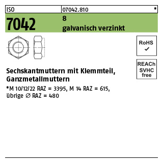 100 Stück, ISO 7042 8 galvanisch verzinkt Sechskantmuttern mit Klemmteil, Ganzmetallmuttern - Abmessung: M 5