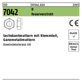 100 Stück, ISO 7042 8 feuerverzinkt Sechskantmuttern mit Klemmteil, Ganzmetallmuttern - Abmessung: M 5