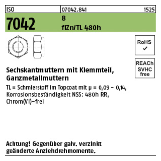 1000 Stück, ISO 7042 8 flZn/TL 480h (zinklamellenbesch.) Sechskantmuttern mit Klemmteil, Ganzmetallmuttern - Abmessung: M 6