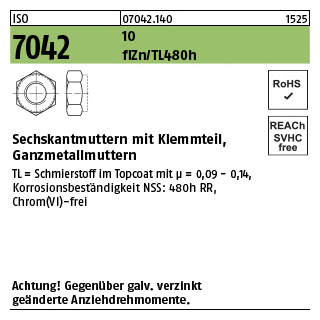 500 Stück, ISO 7042 10 flZn/TL 480h (zinklamellenbesch.) Sechskantmuttern mit Klemmteil, Ganzmetallmuttern - Abmessung: M 8