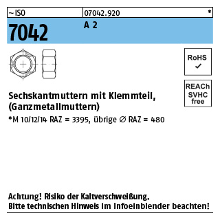 250 Stück, ISO 7042 A 2 Sechskantmuttern mit Klemmteil, Ganzmetallmuttern - Abmessung: M 12