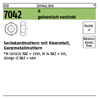 100 Stück, ISO 7042 8 galvanisch verzinkt Sechskantmuttern mit Klemmteil, Ganzmetallmuttern - Abmessung: M 14