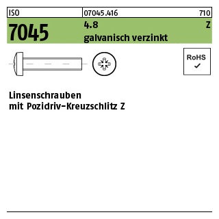 2000 Stück, ISO 7045 4.8 Z galvanisch verzinkt Linsenschrauben mit Pozidriv-Kreuzschlitz Z - Abmessung: M 3 x 4 -Z