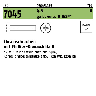 2000 Stück, ISO 7045 4.8 H galv. verz. 8 DiSP Linsenschrauben mit Phillips-Kreuzschlitz H - Abmessung: M 3 x 6-H