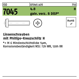 1000 Stück, ISO 7045 4.8 H galv. verz. 8 DiSP Linsenschrauben mit Phillips-Kreuzschlitz H - Abmessung: M 4 x 25-H