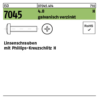 500 Stück, ISO 7045 4.8 H galvanisch verzinkt Linsenschrauben mit Phillips-Kreuzschlitz H - Abmessung: M 4 x 55 -H