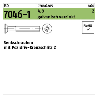 2000 Stück, ISO 7046-1 4.8 Z galvanisch verzinkt Senkschrauben mit Pozidriv-Kreuzschlitz Z - Abmessung: M 2,5 x 4 -Z