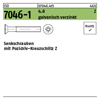 1000 Stück, ISO 7046-1 4.8 Z galvanisch verzinkt Senkschrauben mit Pozidriv-Kreuzschlitz Z - Abmessung: M 6 x 10 -Z