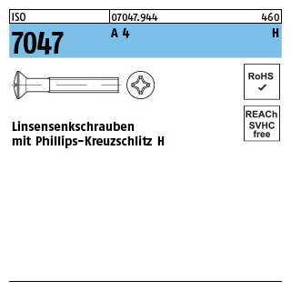 1000 Stück, ISO 7047 A 4 H Linsensenkschrauben mit Phillips-Kreuzschlitz H - Abmessung: M 3 x 8 -H