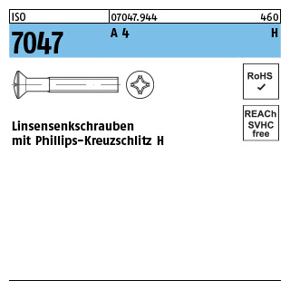 200 Stück, ISO 7047 A 4 H Linsensenkschrauben mit Phillips-Kreuzschlitz H - Abmessung: M 6 x 8 -H