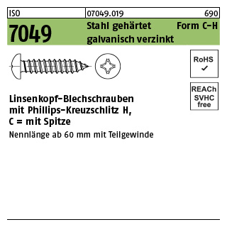 2000 Stück, ISO 7049 Stahl, geh. Form C-H galvanisch verzinkt Linsenkopf-Blechschrauben mit Spitze, mit Phillips-Kreuzschlitz H - Abmessung: C2,2 x 4,5-H