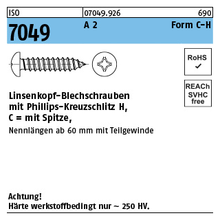 100 Stück, ISO 7049 A 2 Form C-H Linsenkopf-Blechschrauben mit Spitze, mit Phillips-Kreuzschlitz H - Abmessung: C 2,2 x 6,5-H