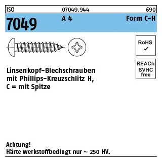 1000 Stück, ISO 7049 A 4 Form C-H Linsenkopf-Blechschrauben mit Spitze, mit Phillips-Kreuzschlitz H - Abmessung: C 2,2 x 6,5-H