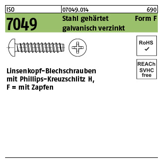 2000 Stück, ISO 7049 Stahl, geh. Form F galvanisch verzinkt Linsenkopf-Blechschrauben mit Zapfen, mit Phillips-Kreuzschlitz H - Abmessung: F 2,2 x 13 -H