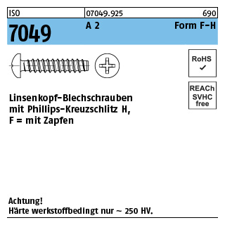 1000 Stück, ISO 7049 A 2 Form F-H Linsenkopf-Blechschrauben mit Zapfen, mit Phillips-Kreuzschlitz H - Abmessung: 2,9 x 6,5 -F-H