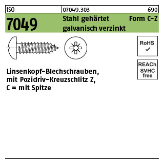 1000 Stück, ISO 7049 Stahl, geh. Form C-Z galvanisch verzinkt Linsenkopf-Blechschrauben mit Spitze, mit Pozidriv-Kreuzschlitz Z - Abmessung: 3,9x 19 -C-Z