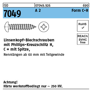 100 Stück, ISO 7049 A 2 Form C-H Linsenkopf-Blechschrauben mit Spitze, mit Phillips-Kreuzschlitz H - Abmessung: C 3,9 x 38 -H