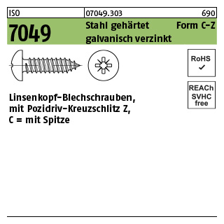 500 Stück, ISO 7049 Stahl, geh. Form C-Z galvanisch verzinkt Linsenkopf-Blechschrauben mit Spitze, mit Pozidriv-Kreuzschlitz Z - Abmessung: 4,8x 19 -C-Z