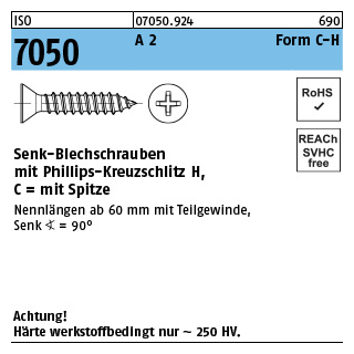 1000 Stück, ISO 7050 A 2 Form C-H Senk-Blechschrauben mit Spitze, mit Phillips-Kreuzschlitz H - Abmessung: 2,9 x 6,5-C-H