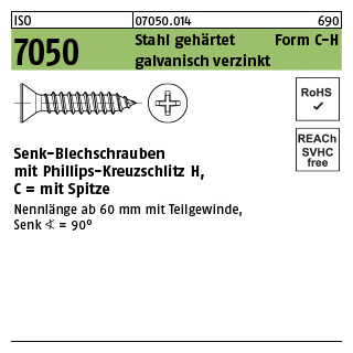 2000 Stück, ISO 7050 Stahl, geh. Form C-H galvanisch verzinkt Senk-Blechschrauben mit Spitze, mit Phillips-Kreuzschlitz H - Abmessung: 2,9 x 19 -C-H