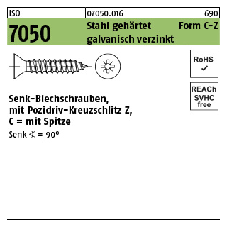 1000 Stück, ISO 7050 Stahl, geh. Form C-Z galvanisch verzinkt Senk-Blechschrauben mit Spitze, mit Pozidriv-Kreuzschlitz Z - Abmessung: 2,9x 32 -C-Z