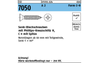 1000 Stück, ISO 7050 A 2 Form C-H Senk-Blechschrauben mit Spitze, mit Phillips-Kreuzschlitz H - Abmessung: 4,2 x 13 -C-H