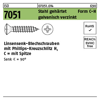 1000 Stück, ISO 7051 Stahl, geh. Form C-H galvanisch verzinkt Linsensenk-Blechschrauben mit Spitze, mit Phillips-Kreuzschlitz H - Abmessung: 3,5x 9,5 -C-H