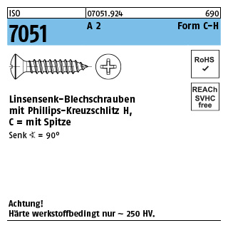 1000 Stück, ISO 7051 A 2 Form C-H Linsensenk-Blechschrauben mit Spitze, mit Phillips-Kreuzschlitz H - Abmessung: 3,5 x 32 -C-H