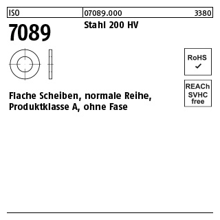 5000 Stück, ISO 7089 Stahl 200 HV Flache Scheiben, normale Reihe, Produktklasse A, ohne Fase - Abmessung: 2